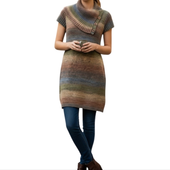 Vintage Green Earth Tones Cowl Neck Sweater Dress with Textured Knit - Picture 1 of 11